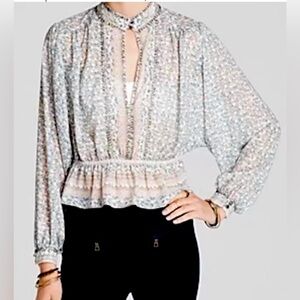 Free People “If I had You” Sheer Beaded Peplum Blouse, Size Medium